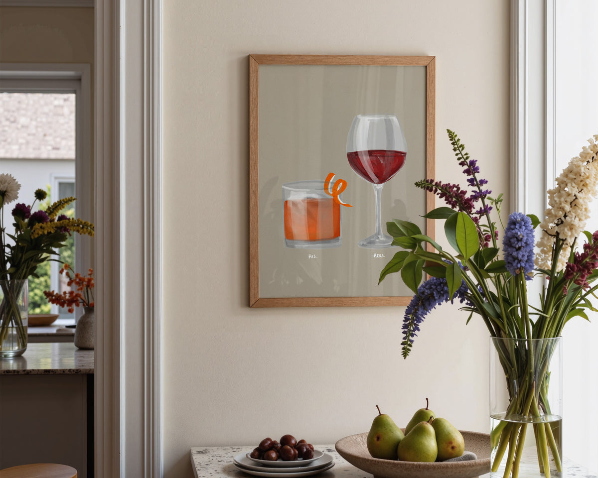 Old Fashioned & Red Wine Couples Drink Print