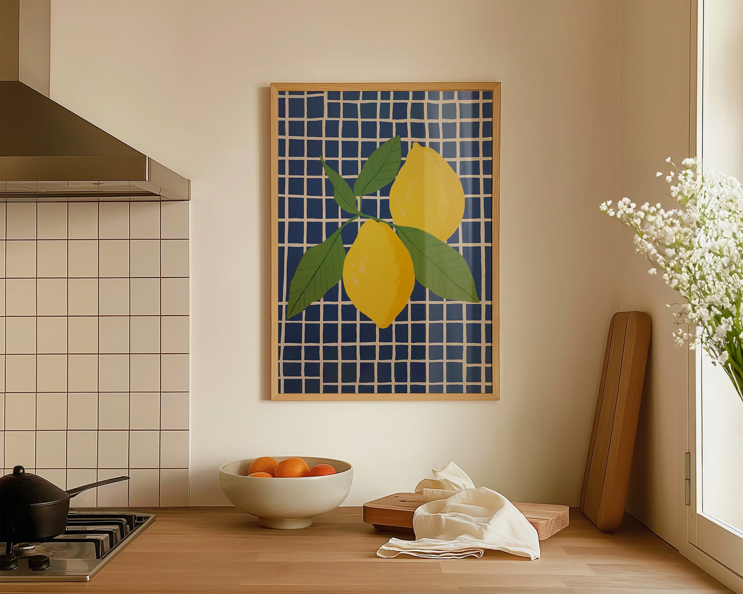 Blue Checked Lemons Wall Art Print