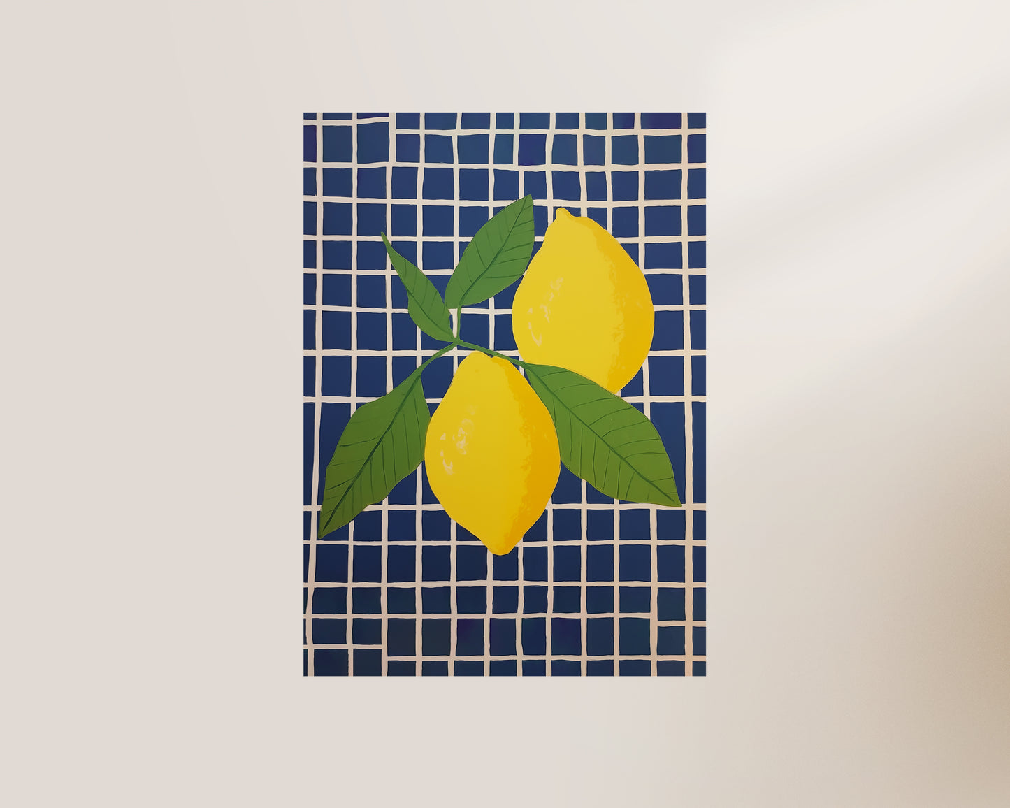 Blue Checked Lemons Wall Art Print