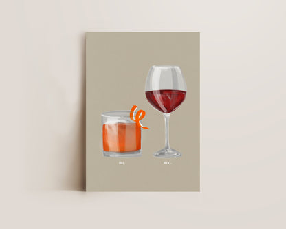 Old Fashioned & Red Wine Couples Drink Print