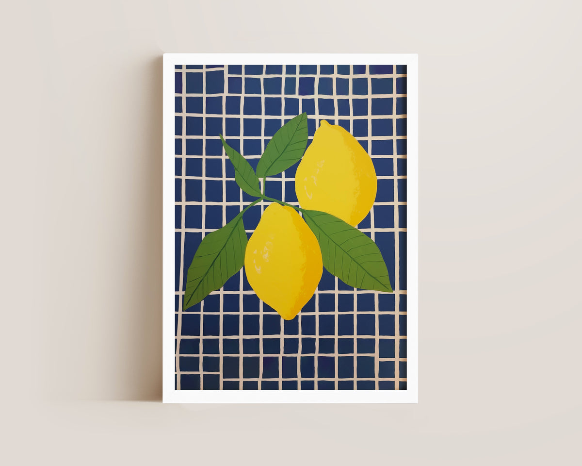 Blue Checked Lemons Print