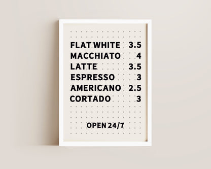 Coffee Menu Board Print