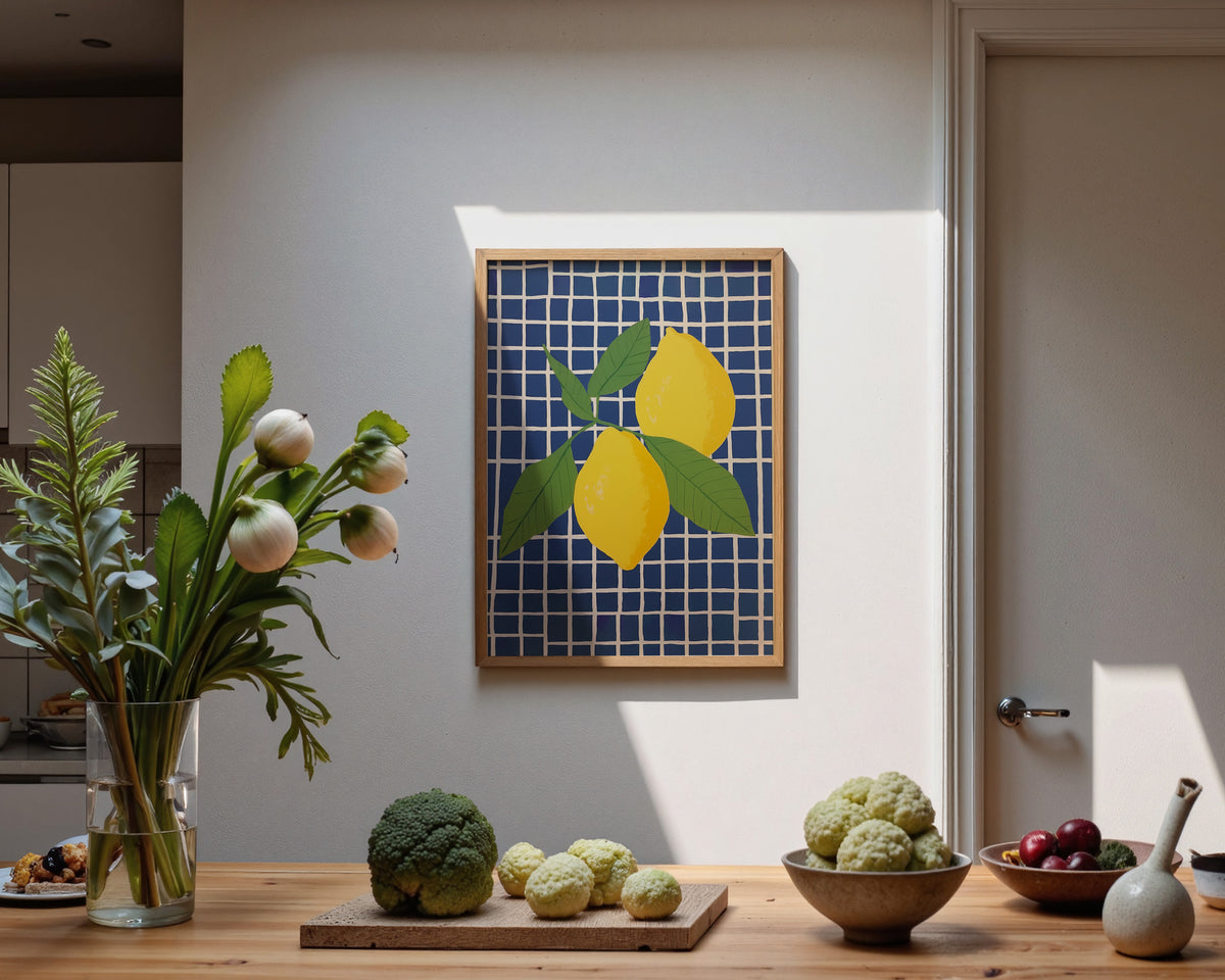 Blue Checked Lemons Print