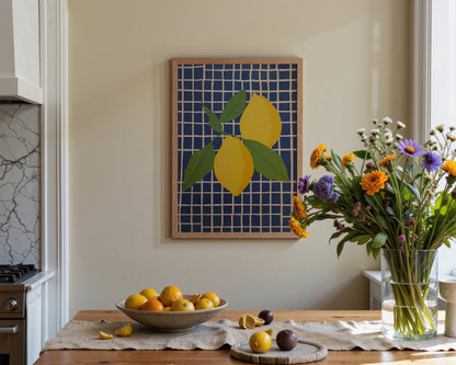 Blue Checked Lemons Print