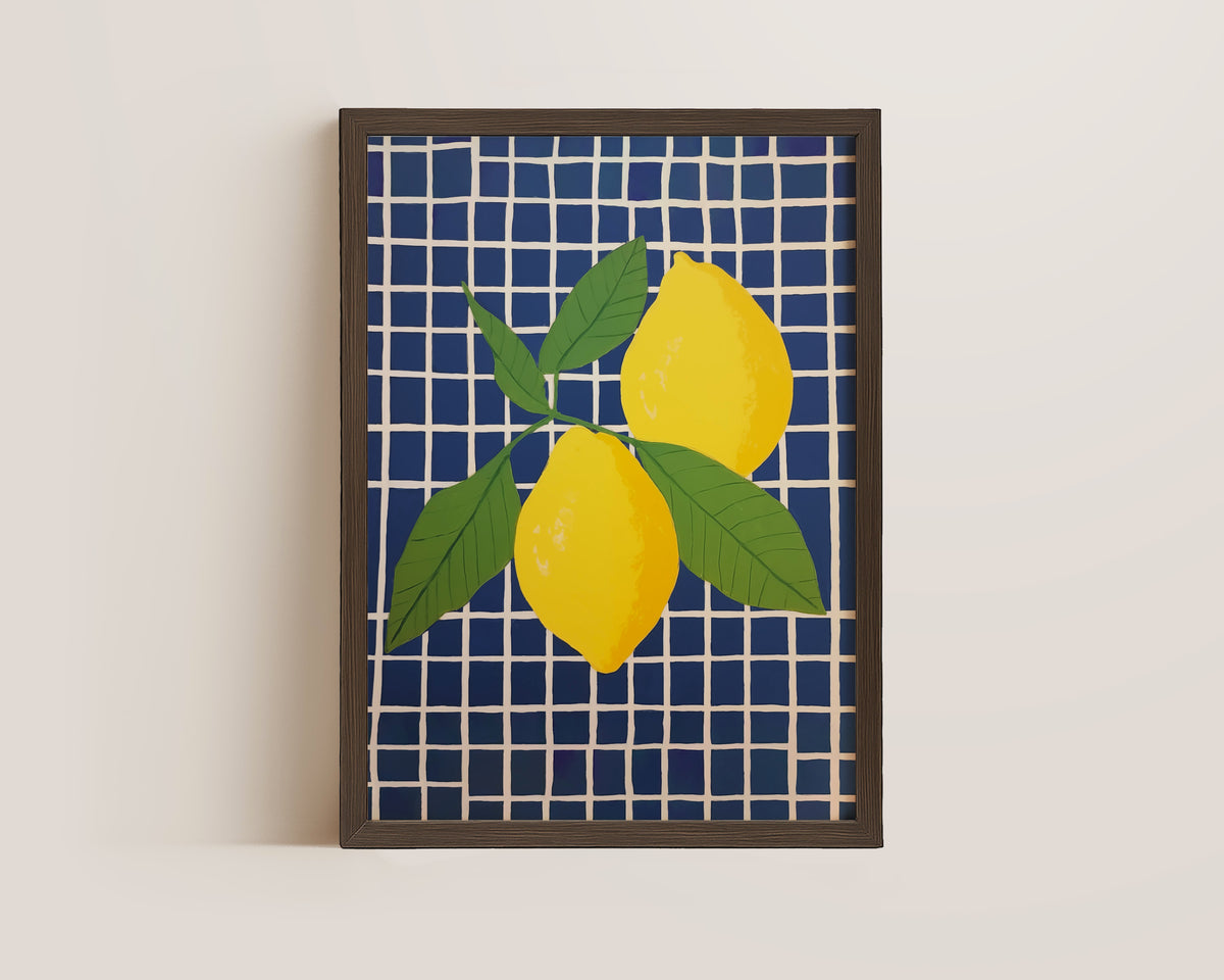 Blue Checked Lemons Print