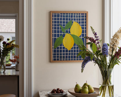 Blue Checked Lemons Print