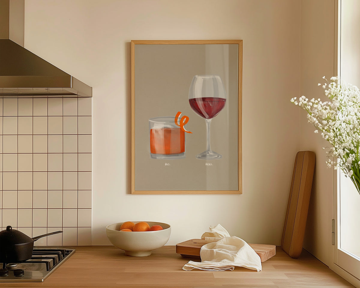 Old Fashioned & Red Wine Couples Drink Print