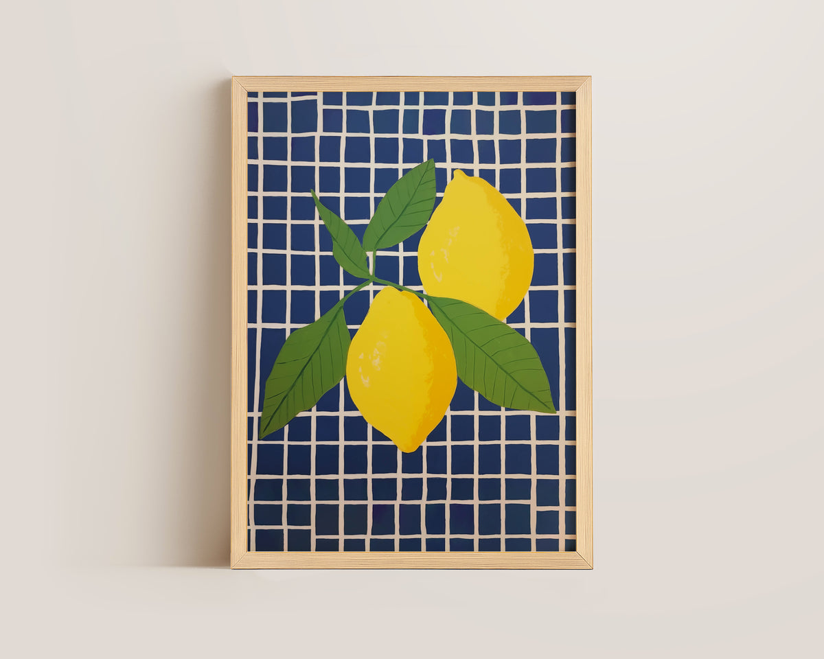 Blue Checked Lemons Print
