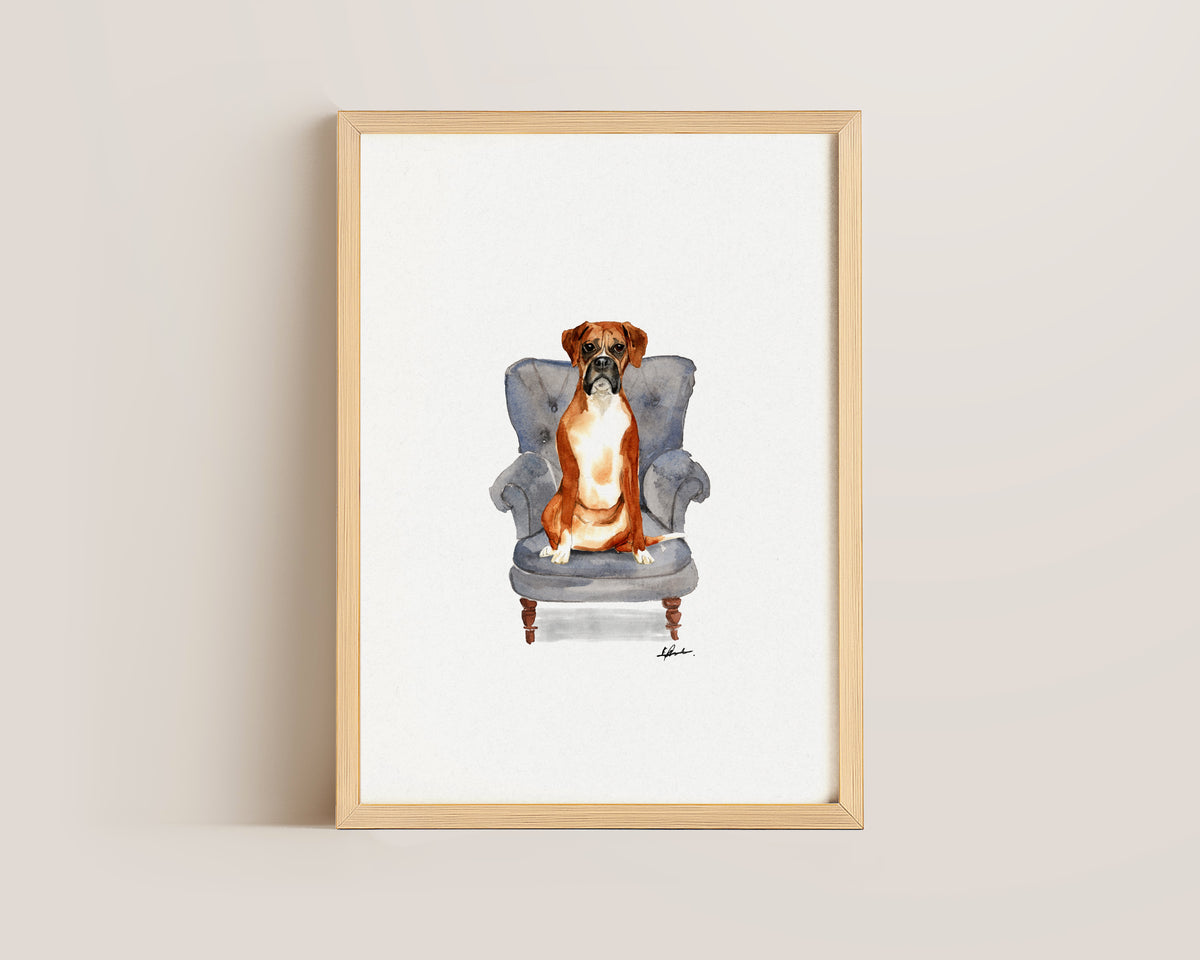 Boxer Dog in Chair Print