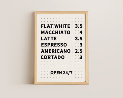 Coffee Menu Board Print