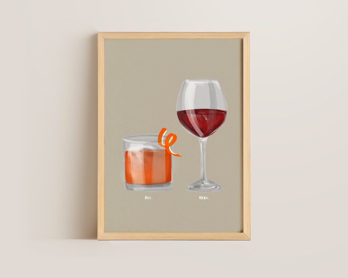 Old Fashioned & Red Wine Couples Drink Print