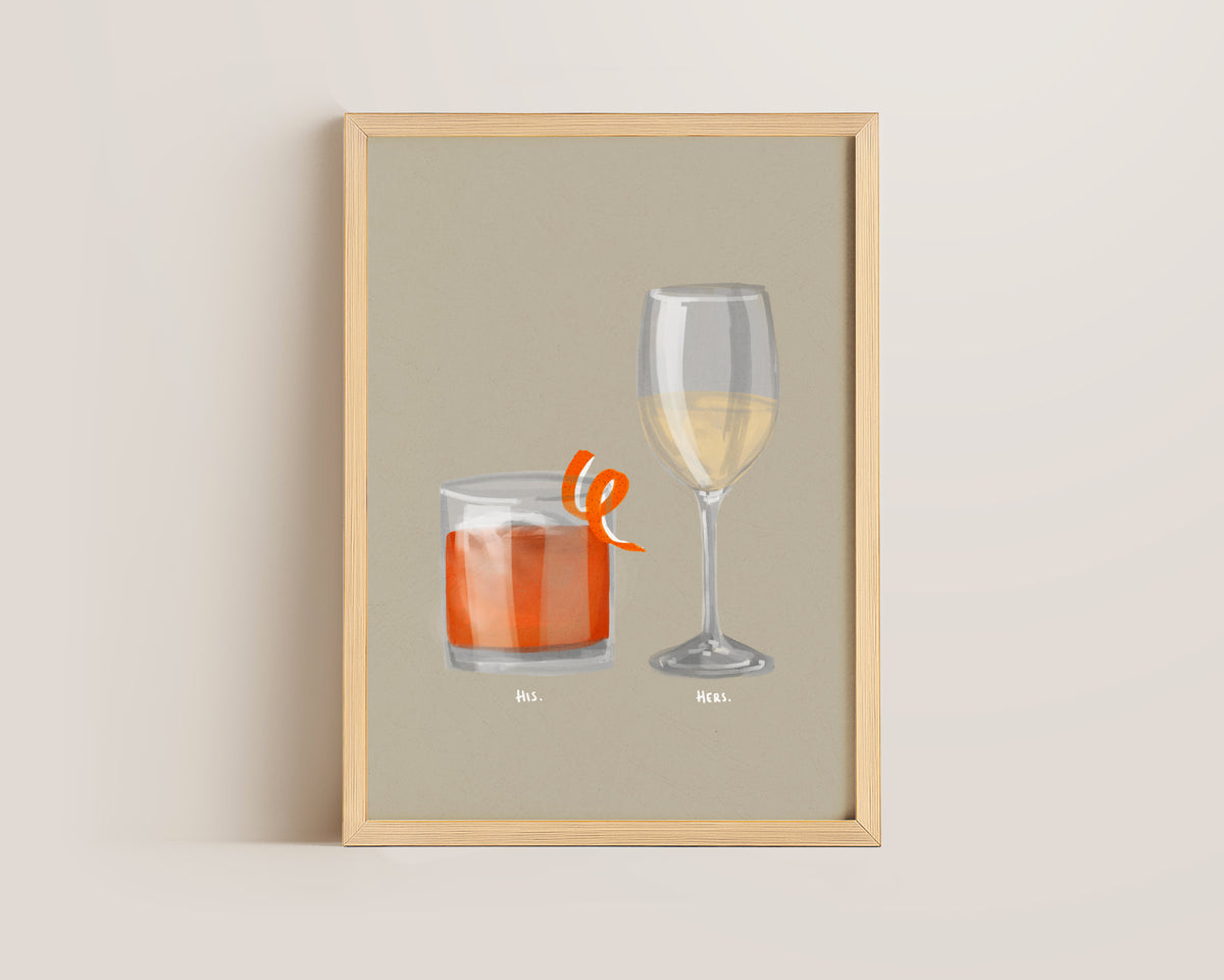 Old Fashioned & White Wine Couples Drink Print