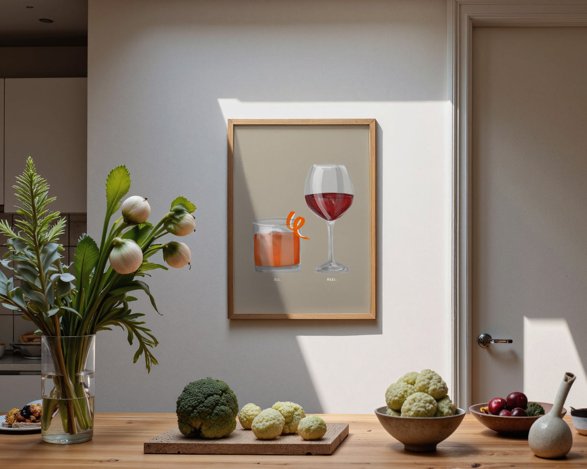 Old Fashioned & Red Wine Couples Drink Print