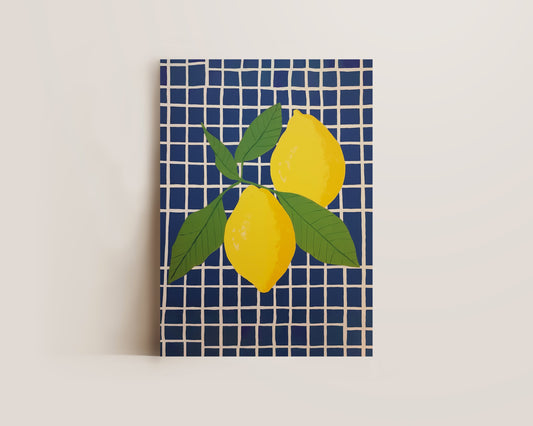 Blue Checked Lemons Print