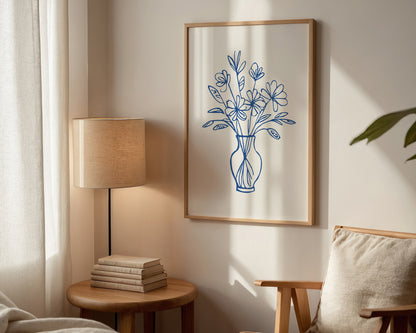 Blue Line Flowers Wall Art Print