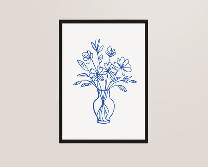 Blue Line Flowers Wall Art Print