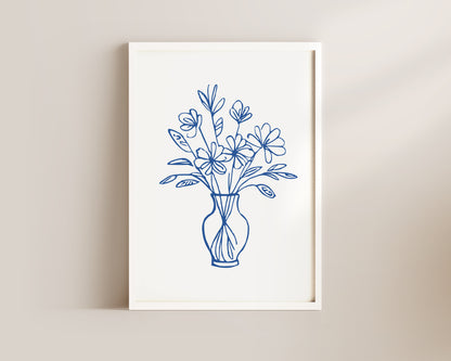 Blue Line Flowers Wall Art Print