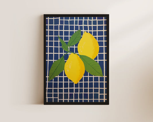 Blue Checked Lemons Print