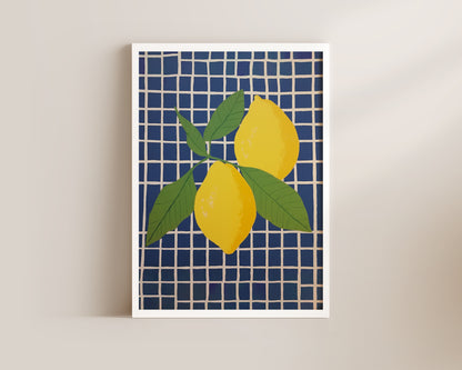 Blue Checked Lemons Wall Art Print